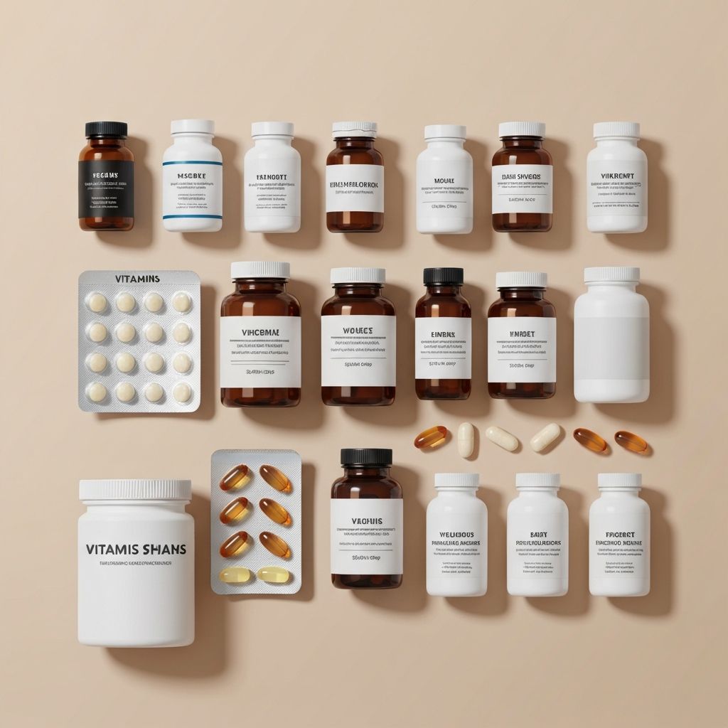 Diversos suplementos y vitaminas en composición educativa ordenada